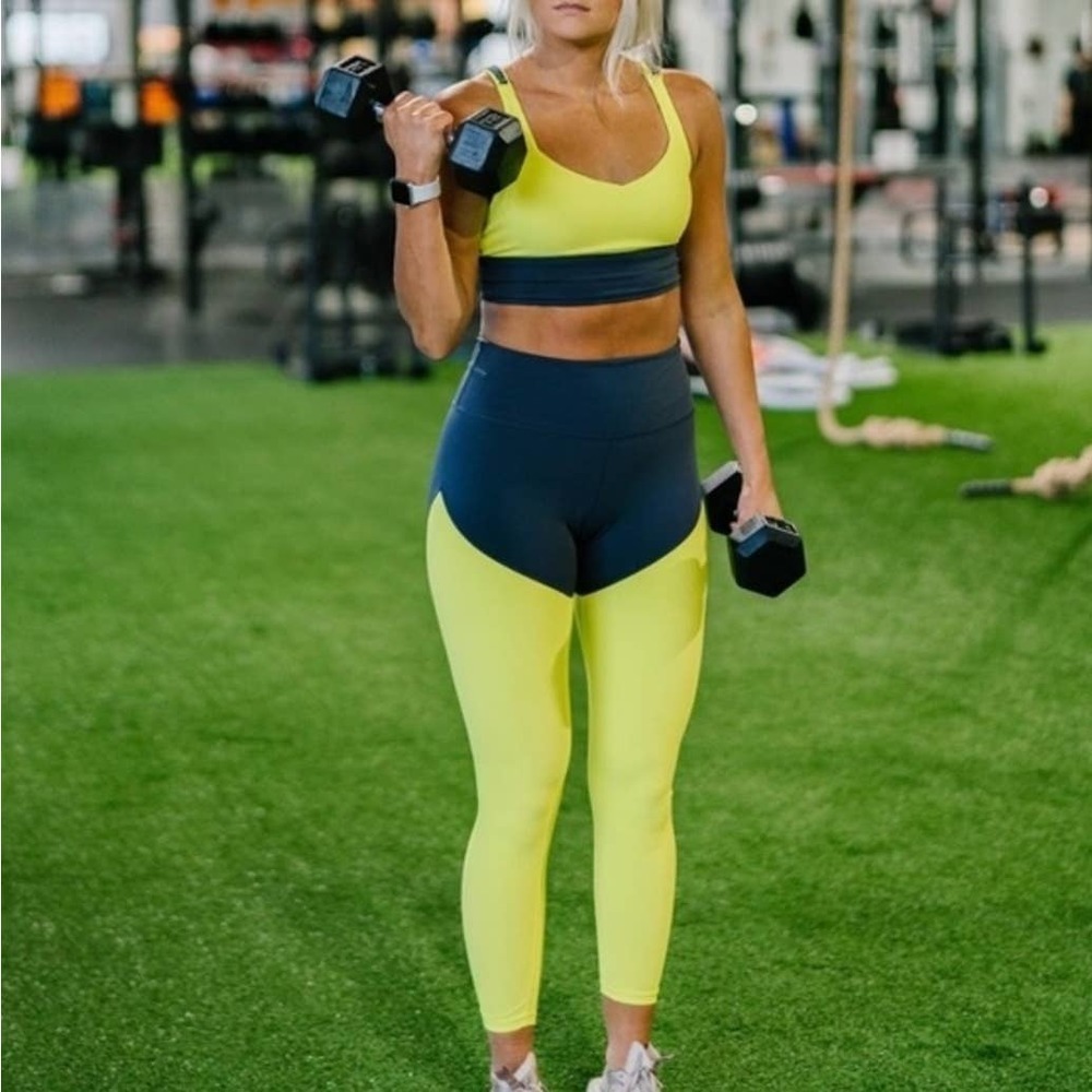 Zyia Active Parallel Luxe Leggings 14-16 Grey Yellow Ribbed Hi Rise